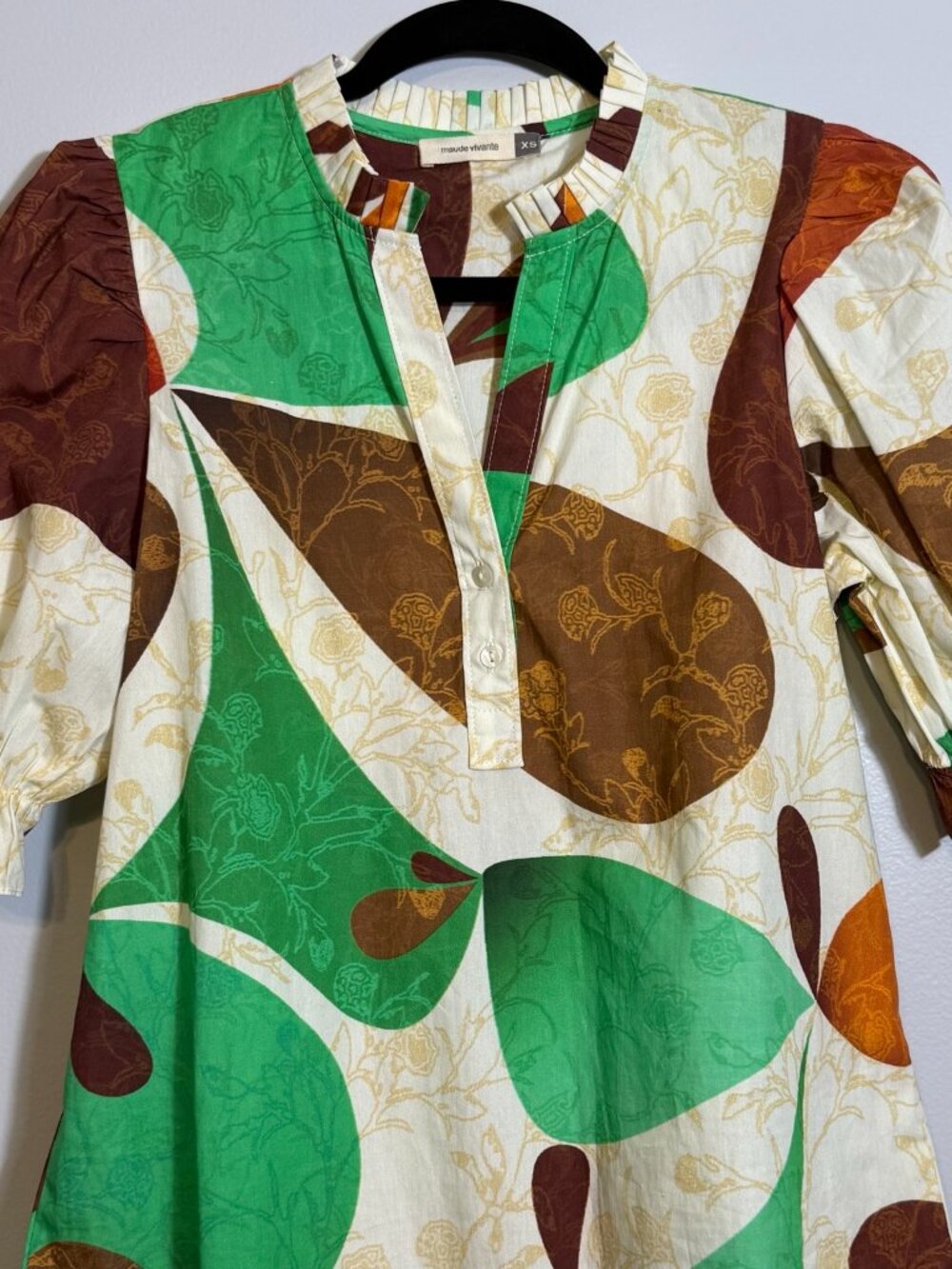 Abstract Cotton Blouse XS Puff Sleeve Boho Artsy Top - Picture 4 of 10